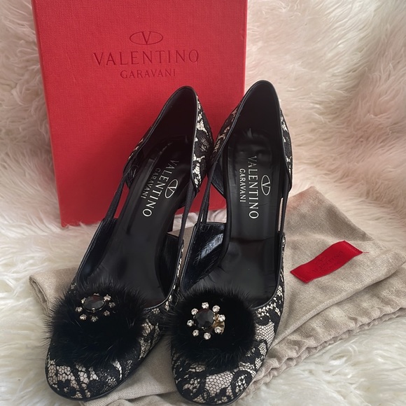 Valentino Mink/Jeweled Black & Nude Heels - Picture 1 of 13